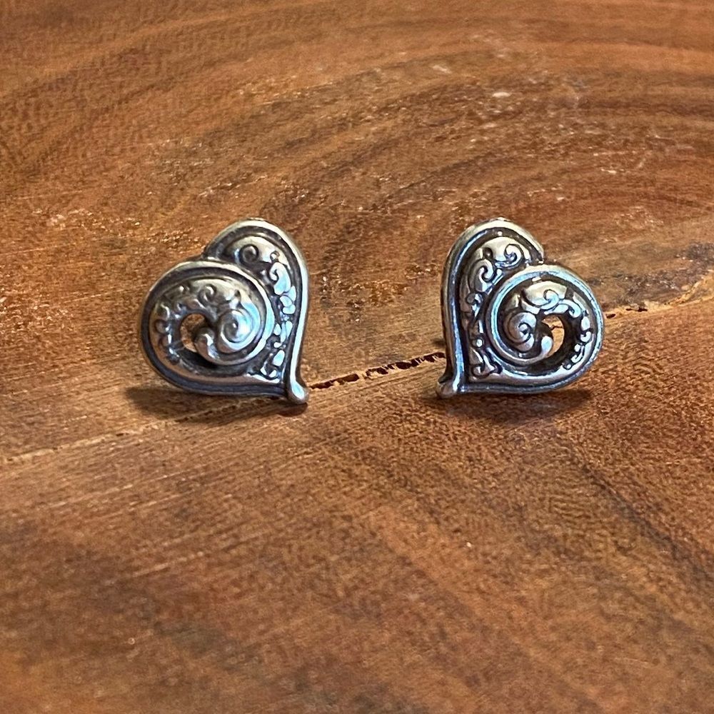 BRIGHTON vintage silver scrolled open heart mini post‎ earrings
